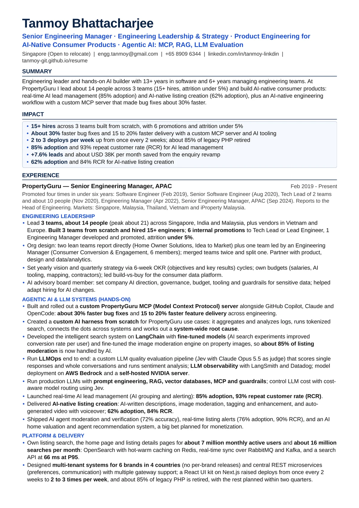 Résumé page 1: Tanmoy Bhattacharjee, Senior Engineering Manager. Summary, impact highlights and PropertyGuru experience: engineering leadership, agentic AI and LLM systems, platform and delivery.